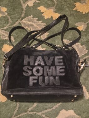Black 'HAVE SOME FUN' Leather & Suede Crossbody Bag